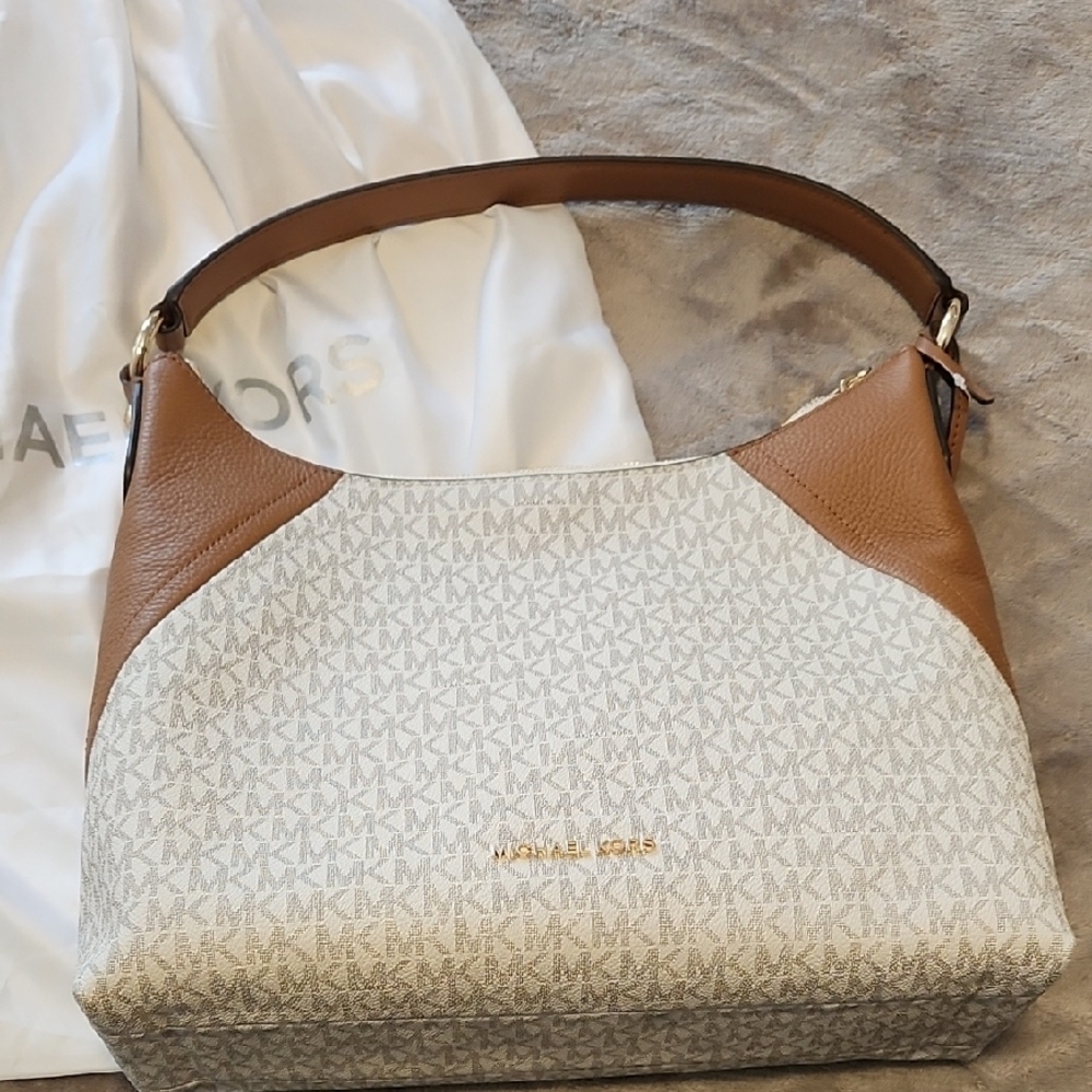 Michael Kors Cream and Brown Monogram Shoulder Bag
